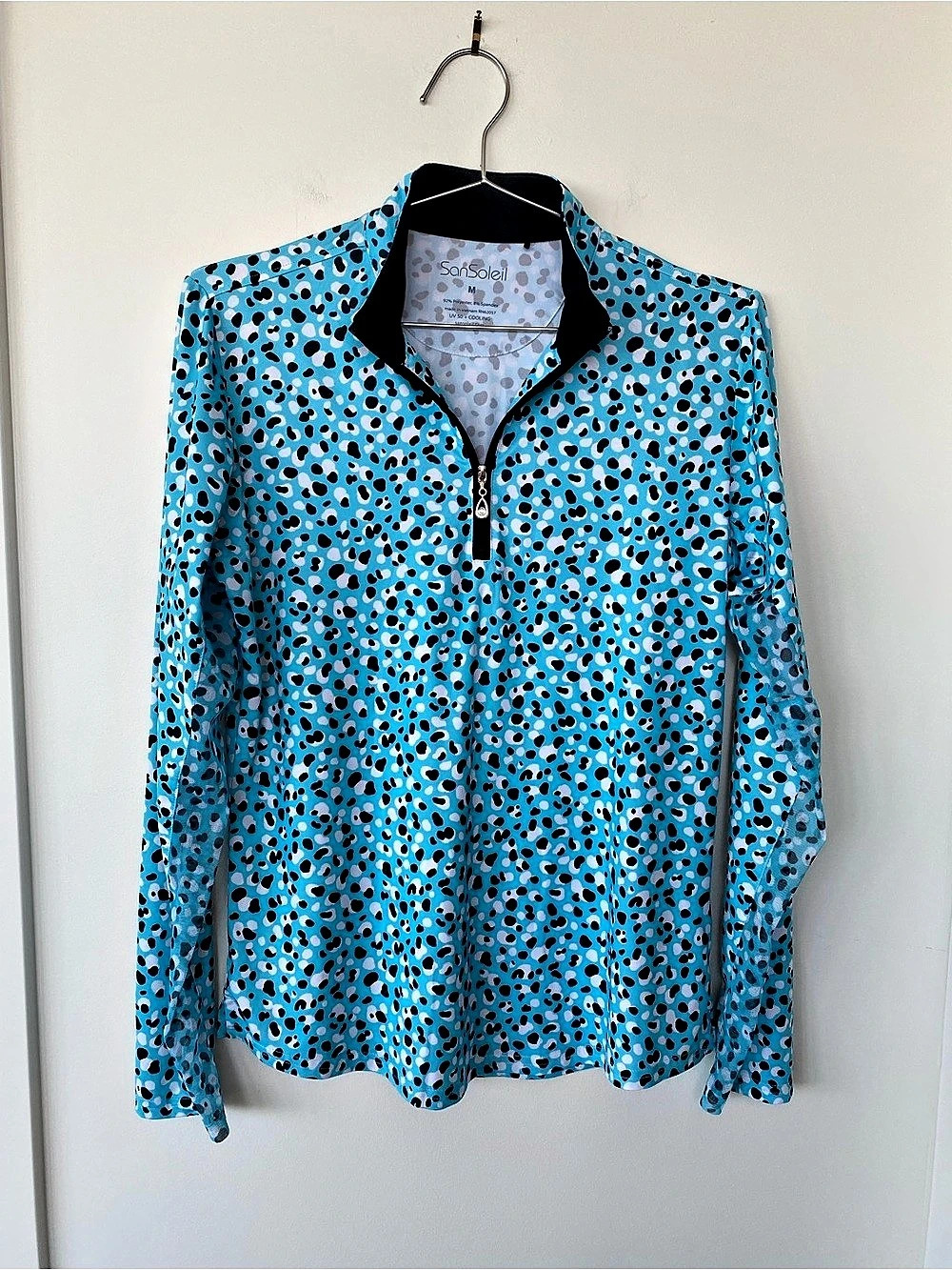 SanSoleil SolCool Print 1/4 Zip Mock Top Blue & Black Medium